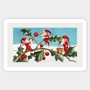 Santa elves painting berries on holly leaves Sticker